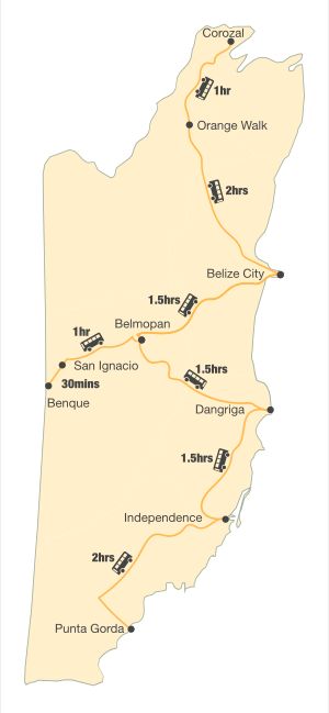 belize map with buses and trip durations