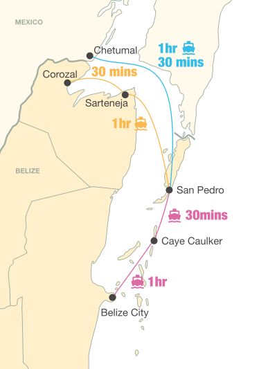 belize map with ferry and trip durations