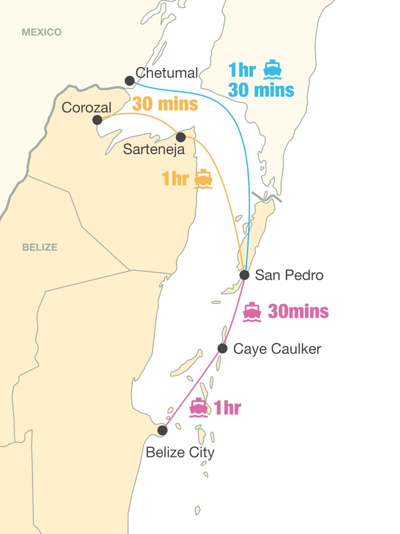 belize map with ferry and trip durations