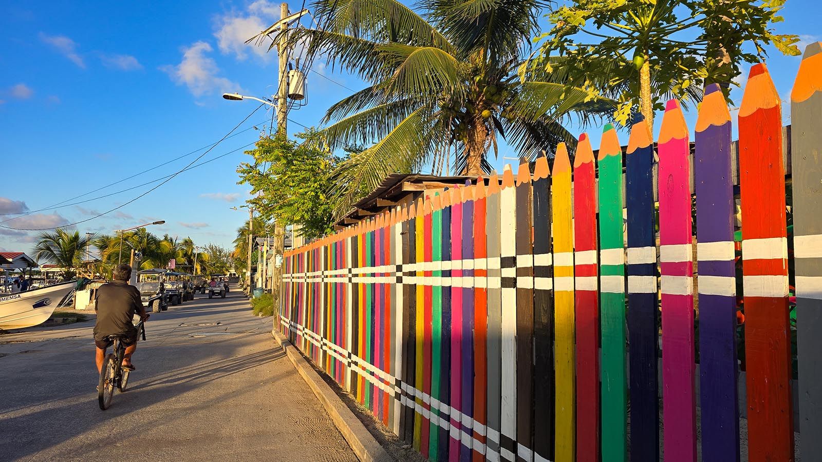 man cycling on island street beside a colorful fence