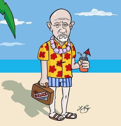cartoon of bald man with luggage labeled belize