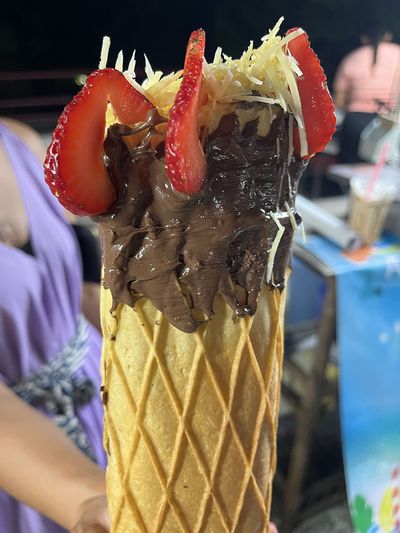 waffle cone with nutella strawberry and cheese