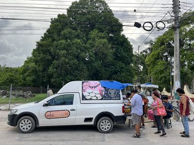 people standing behind small food pickup truck