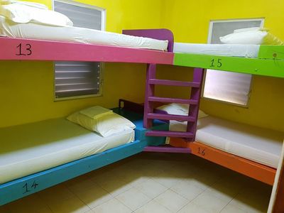 colorful batch of two bunk beds